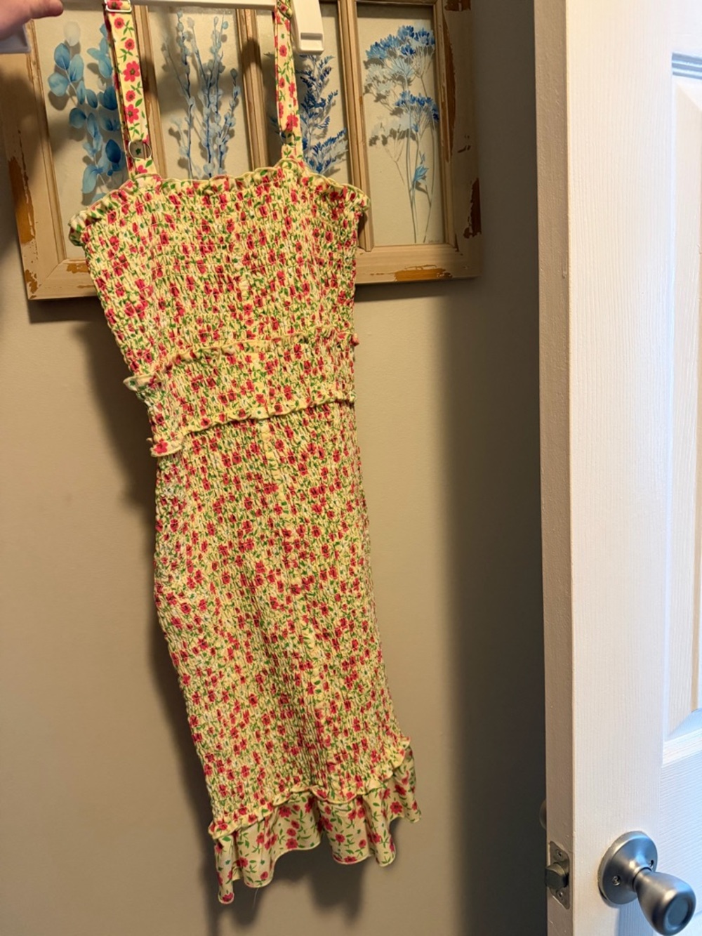 Smocked Floral Sundress with Ruffled Hem - Yellow & Pink